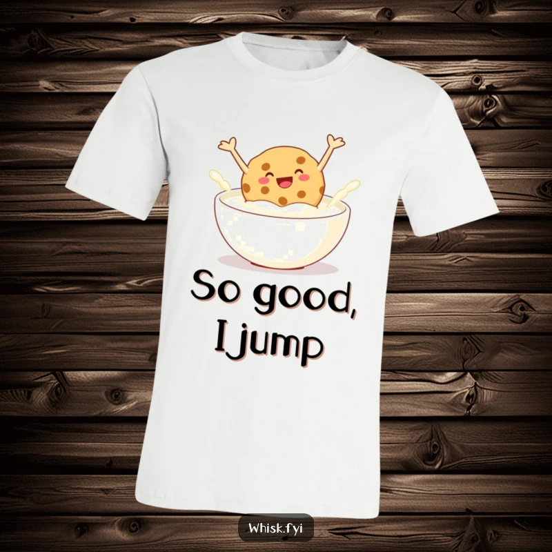 Funny t-shirt depicting a giggling cookie leaping with joy into a bowl of milk, celebrating the ultimate snack experience.