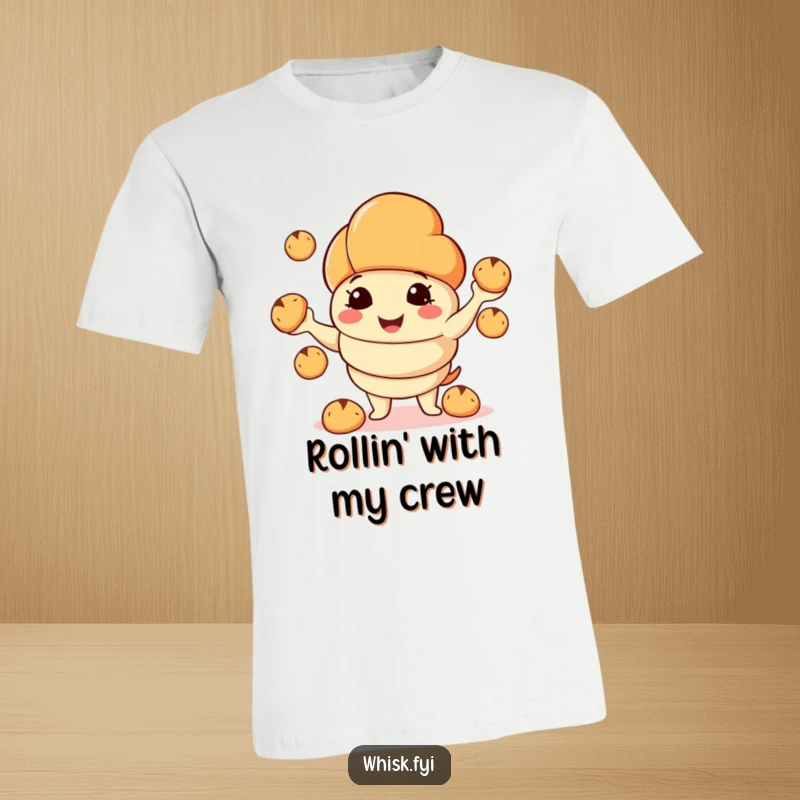 Funny t-shirt depicting a cheerful croissant character juggling small bread rolls with enthusiastic glee, a true baker's delight.