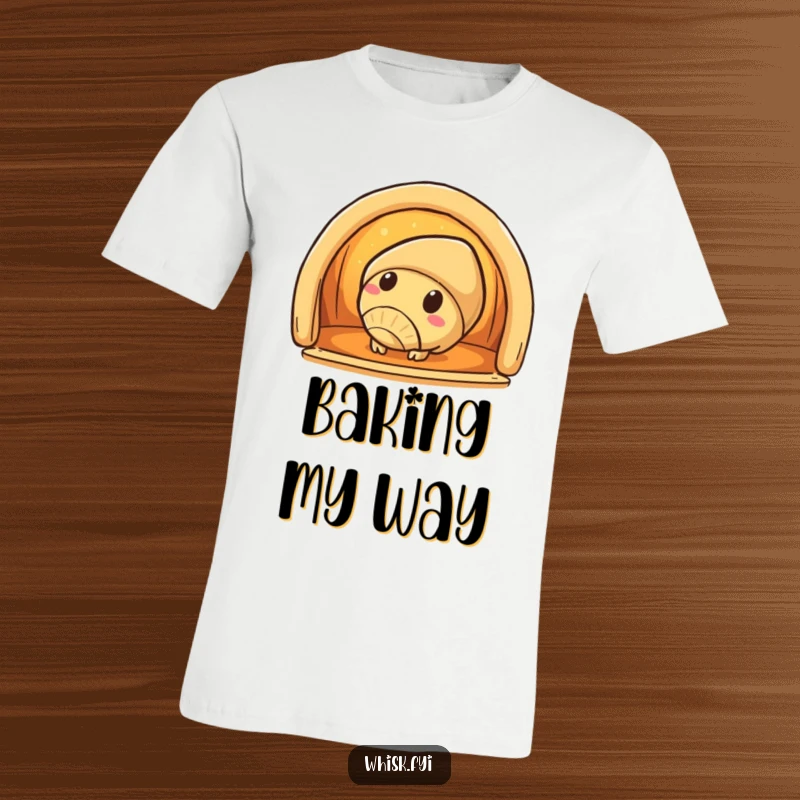 Funny croissant t-shirt depicting a curious croissant character peeking into a warm oven, ideal for foodies.