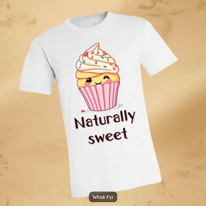 Funny t-shirt featuring a smiling cupcake happily decorating itself with sprinkles and frosting, a symbol of sweet self-expression.