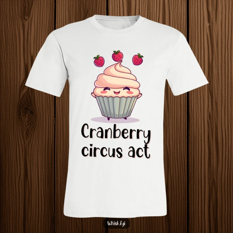 Funny t-shirt showcasing a happy cupcake character in mid-air, juggling three tiny berries with a wide, joyful smile and vibrant sprinkles.