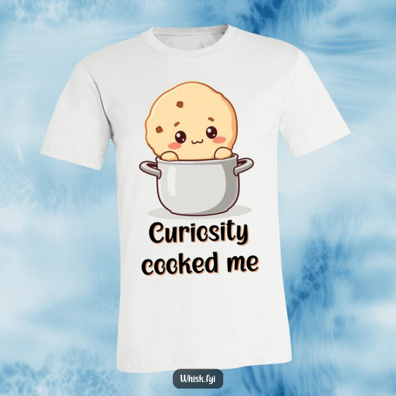 Funny kawaii cookie character t-shirt depicting a curious cookie intently stirring a large pot.