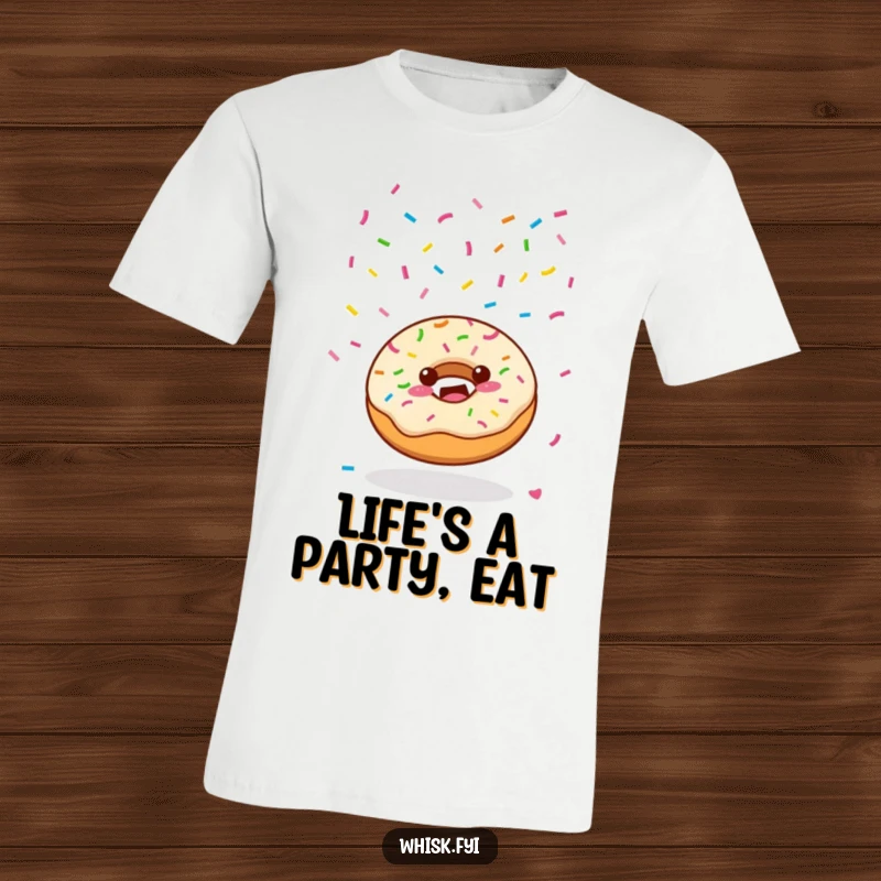 Funny Kawaii donut character joyfully scattering colorful sprinkles from above on a T-shirt, looking festive.