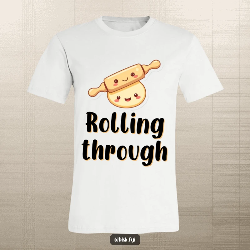 Funny kawaii rolling pin t-shirt, merrily rolling over a smiling piece of dough, looking cheerful and active.