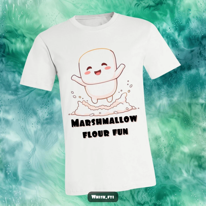 Funny giggling white marshmallow character jumping into a flour cloud, featured on a t-shirt, a hilarious baking humor tee.