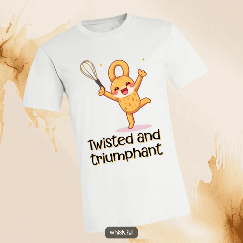 Funny t-shirt graphic of a happy pretzel in mid-somersault, clutching a whisk with immense baking enthusiasm.