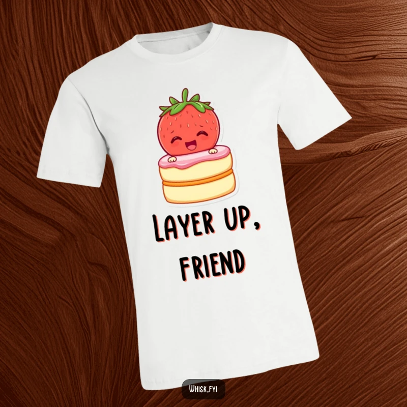 Funny t-shirt with a cheerful strawberry excitedly zipping two cake layers together, a baker's delight.
