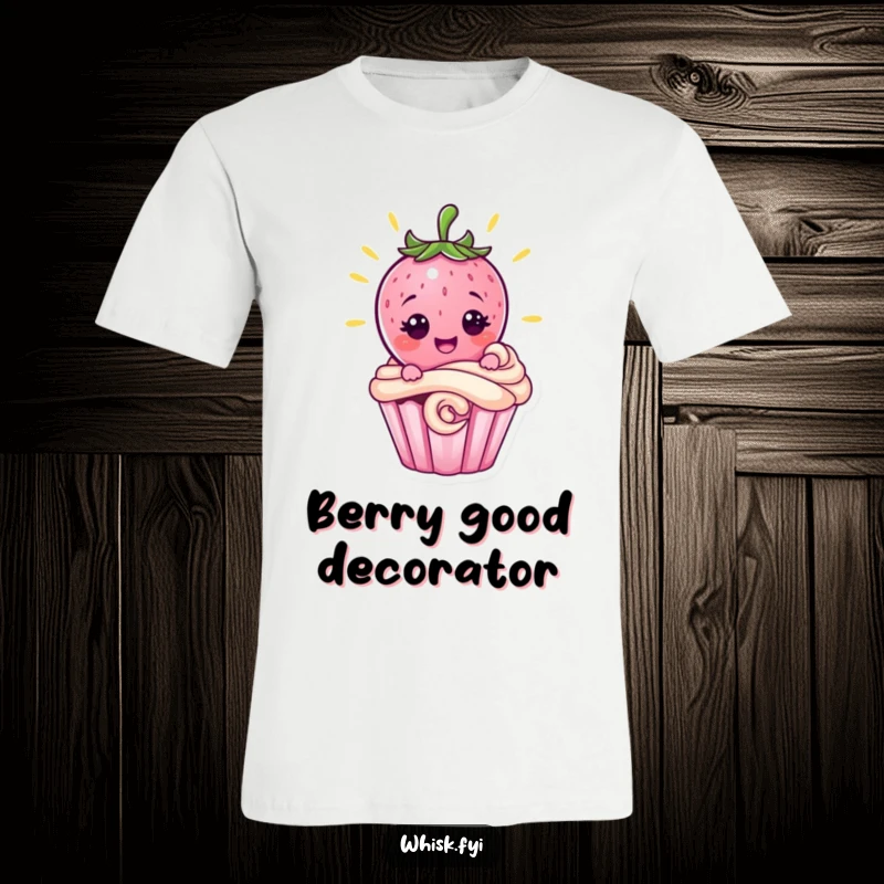 Funny strawberry character with a proud grin decorating a cupcake, showcasing baking humor on this t-shirt, a great graphic tee gift.