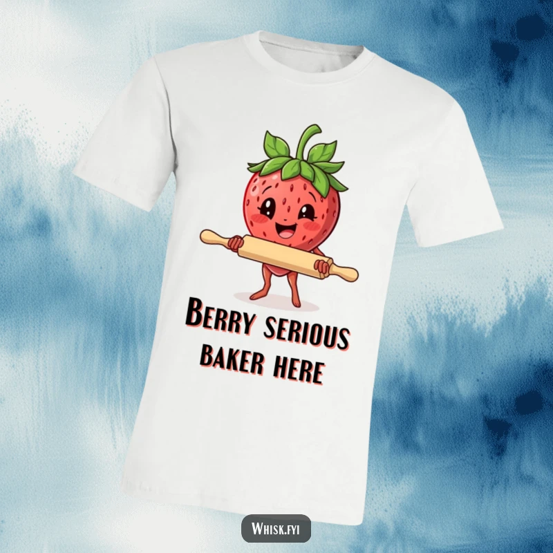 Funny t-shirt with a delighted strawberry holding a rolling pin, showcasing baking determination, a humorous apparel choice.