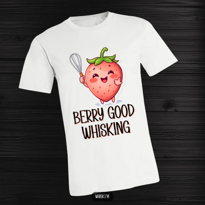 Funny strawberry t-shirt depicting a happy strawberry character joyfully holding a whisk, ideal for kitchen enthusiasts.