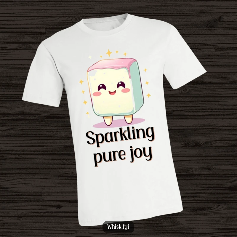 Funny t-shirt featuring a radiant, smiling sugar cube character sparkling brightly after being mixed, perfect for adding a touch of joy.