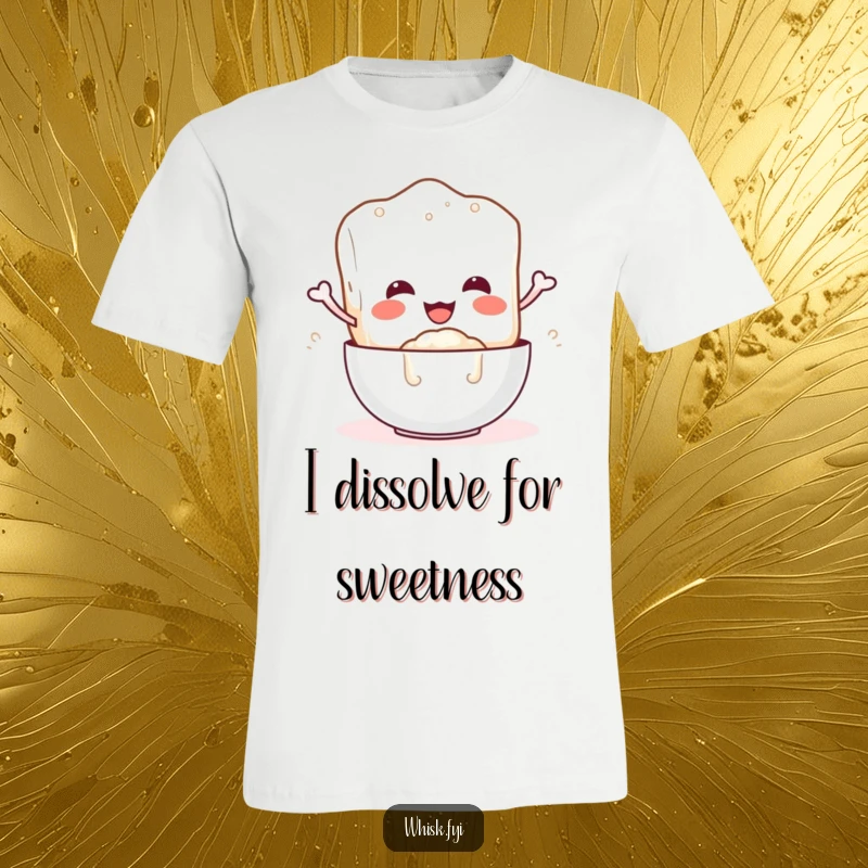 Funny t-shirt with a happy sugar cube character gleefully pouring sugar, celebrating sweetness and humor.