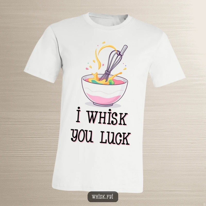 Funny t-shirt depicting a giggling whisk spinning madly in a bowl of colorful batter, celebrating baking fun.