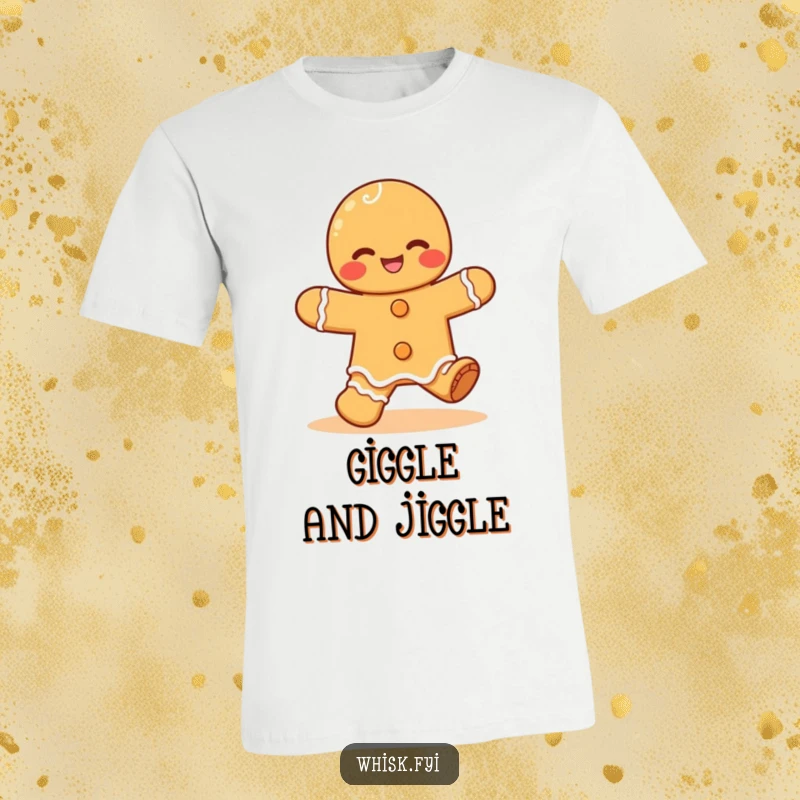 Funny Kawaii gingerbread t-shirt, depicting a giggling man character doing a happy jig, full of sweet celebration.