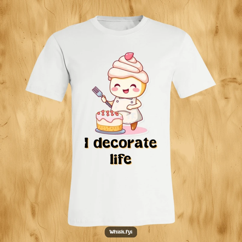 Funny t-shirt: A smiling cupcake in an apron joyfully applies frosting to a cake, celebrating sweet creations.
