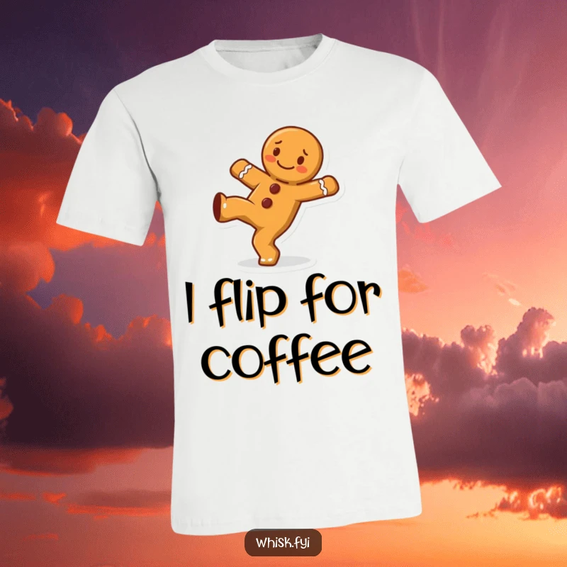 Funny cheerful gingerbread man character performing a dynamic cartwheel on a t-shirt, radiating pure sugary fun.