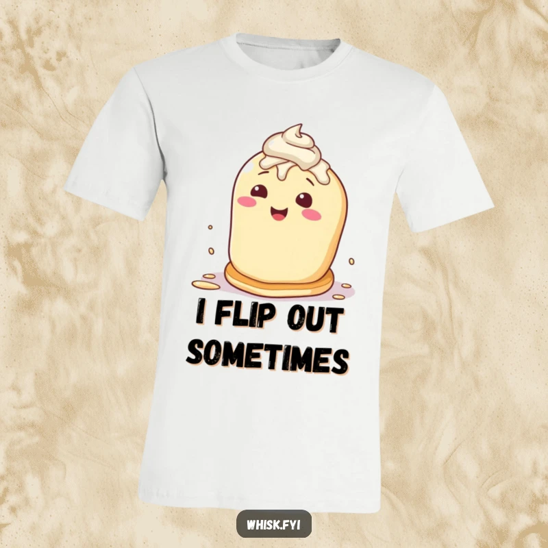 Funny t-shirt depicting a cheerful pancake characte attempting to flip itself, covered in frosting splatters, with a comical expression.