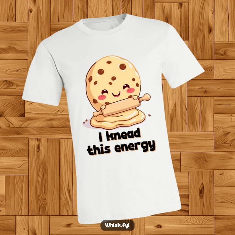 Funny t-shirt with a smiling cookie character using a mini rolling pin to flatten dough, ideal for baking fans.