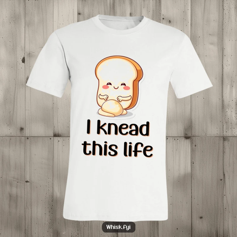 Funny t-shirt featuring a smiling, round bread slice character joyfully kneading dough with tiny hands, a delightful baking theme.