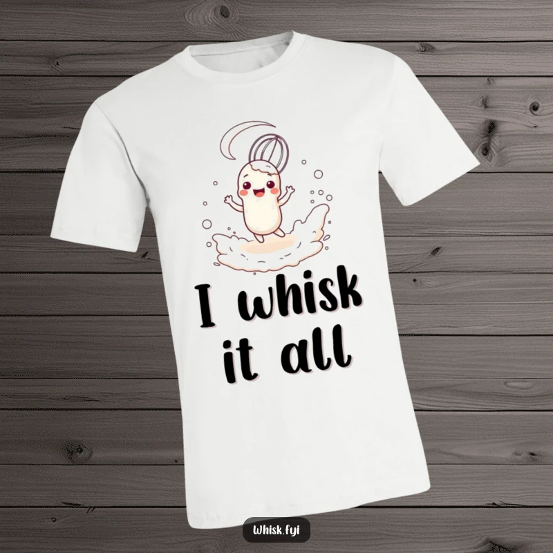 Funny, happy whisk character in mid-twirl within a cloud of flour, printed on a comfortable t-shirt.