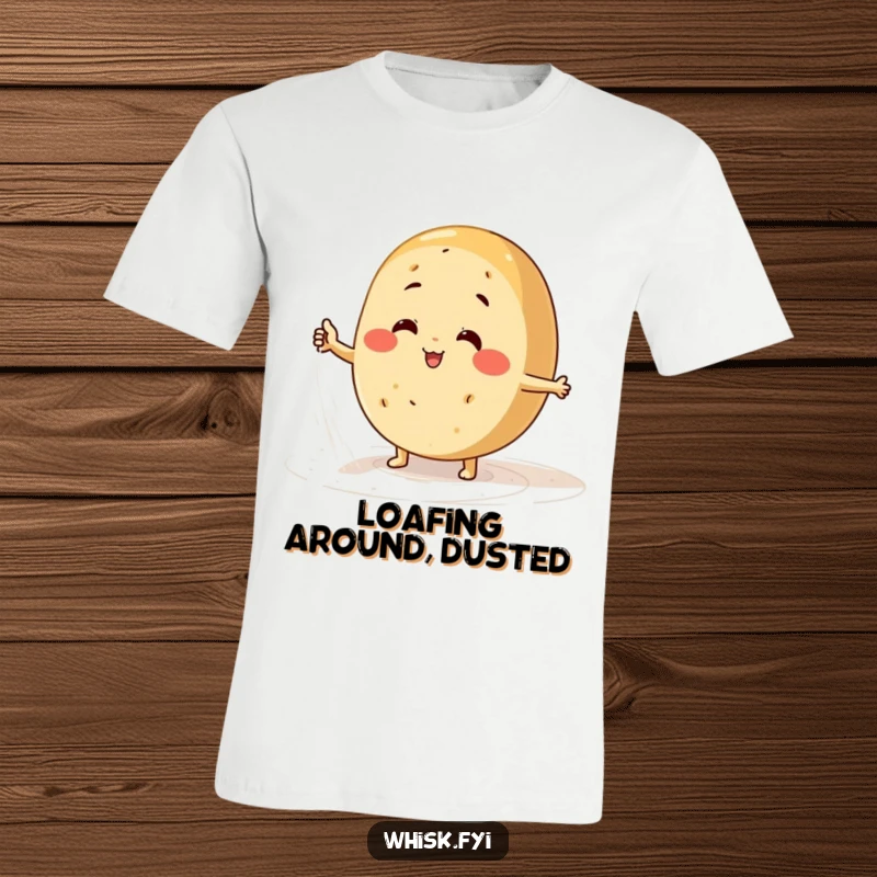Funny bread character t-shirt depicting a happy baker energetically dusting a surface with a cloud of flour.