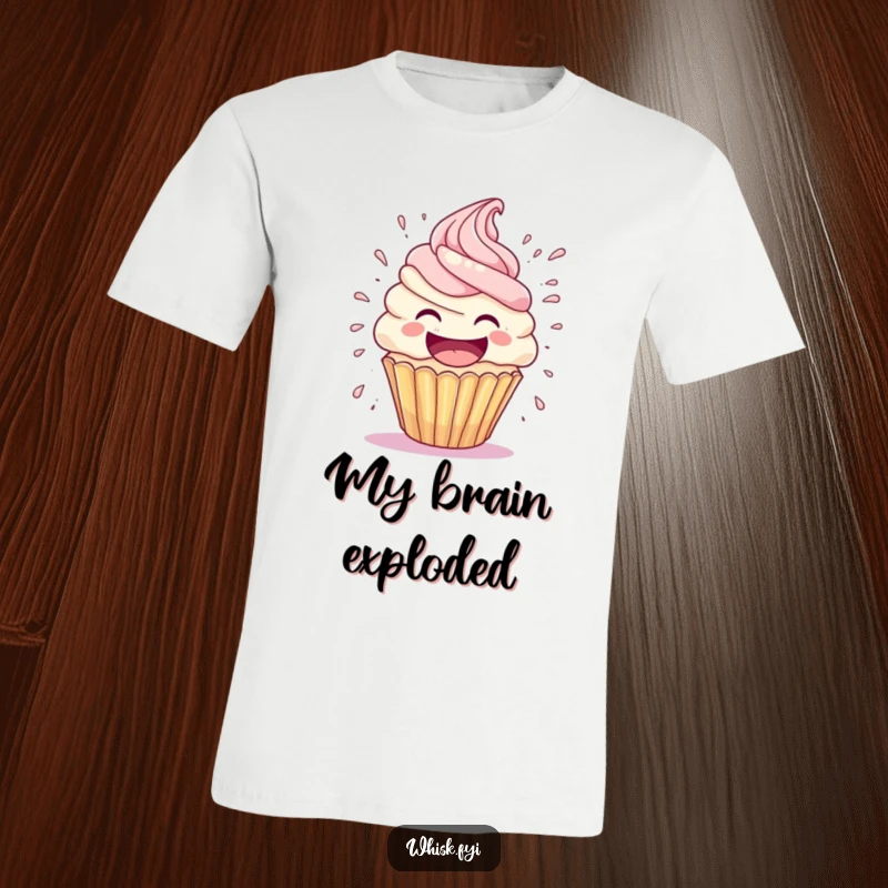 Funny cupcake t-shirt depicts a laughing cupcake with its frosting head exploding in a comical, messy burst of fun.
