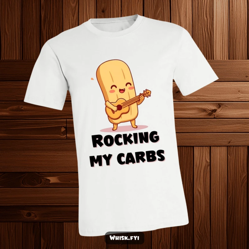 Funny baguette t-shirt depicts a happy baguette character playing a miniature guitar made of pastry with a playful musical vibe.