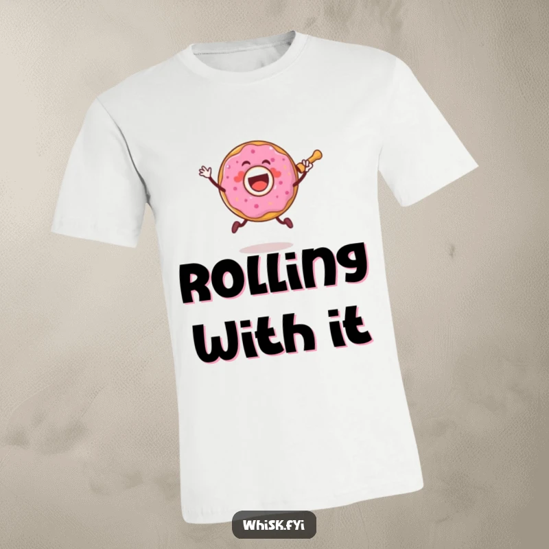 Funny t-shirt depicting a joyful donut character happily jumping with a rolling pin, ready to make dough.