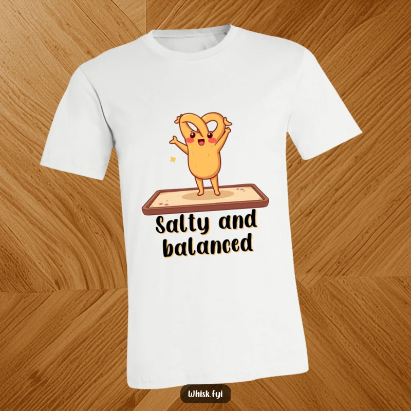 Funny t-shirt depicting a cheerful pretzel balancing in a handstand on a baking sheet, celebrating the joy of baking.