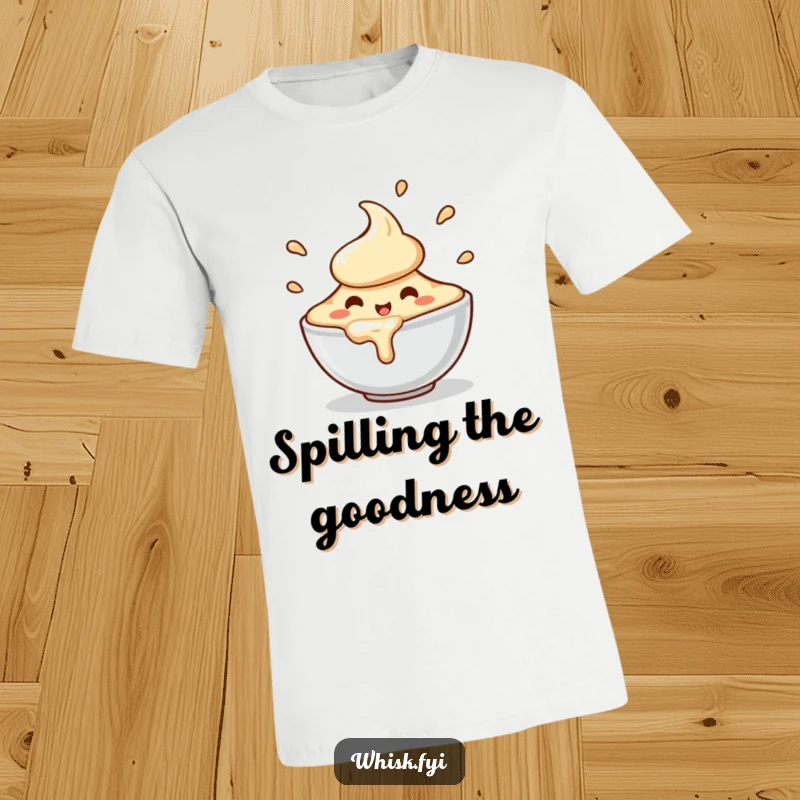 Funny t-shirt featuring a charming, happy bowl of batter character spilling slightly due to enthusiastic motion, perfect for bakers.
