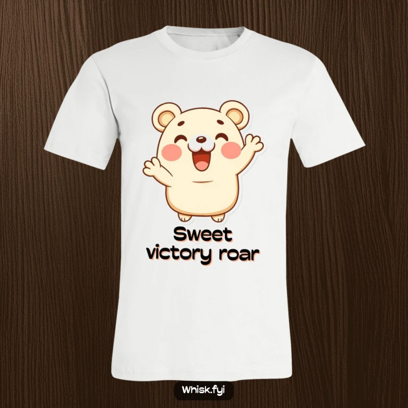 Funny happy bear claw pastry character giving a delighted cheer on a comfortable t-shirt, radiating baked happiness.