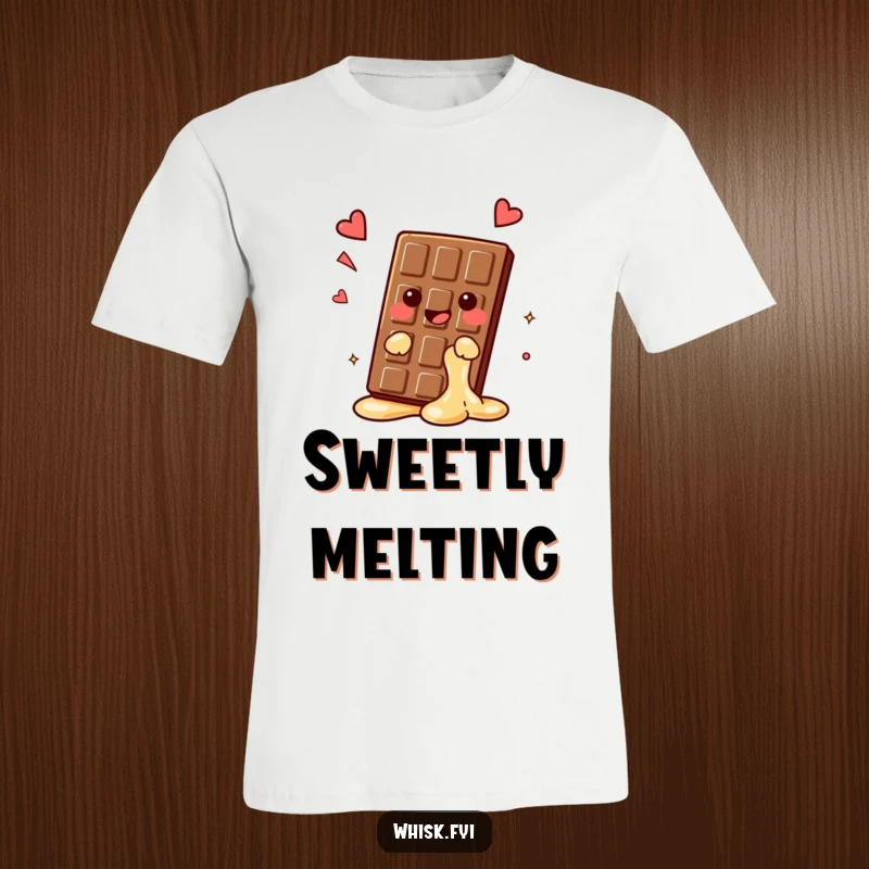 Funny kawaii chocolate bar T-shirt, melting slightly with a happy sigh, ultra-relaxed and hilarious dessert tee, perfect funny gift.
