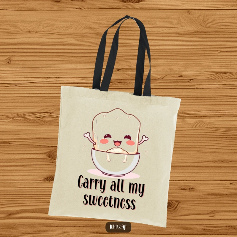 Funny tote bag featuring a happy sugar cube character pouring sugar, ideal for carrying essentials with humor.
