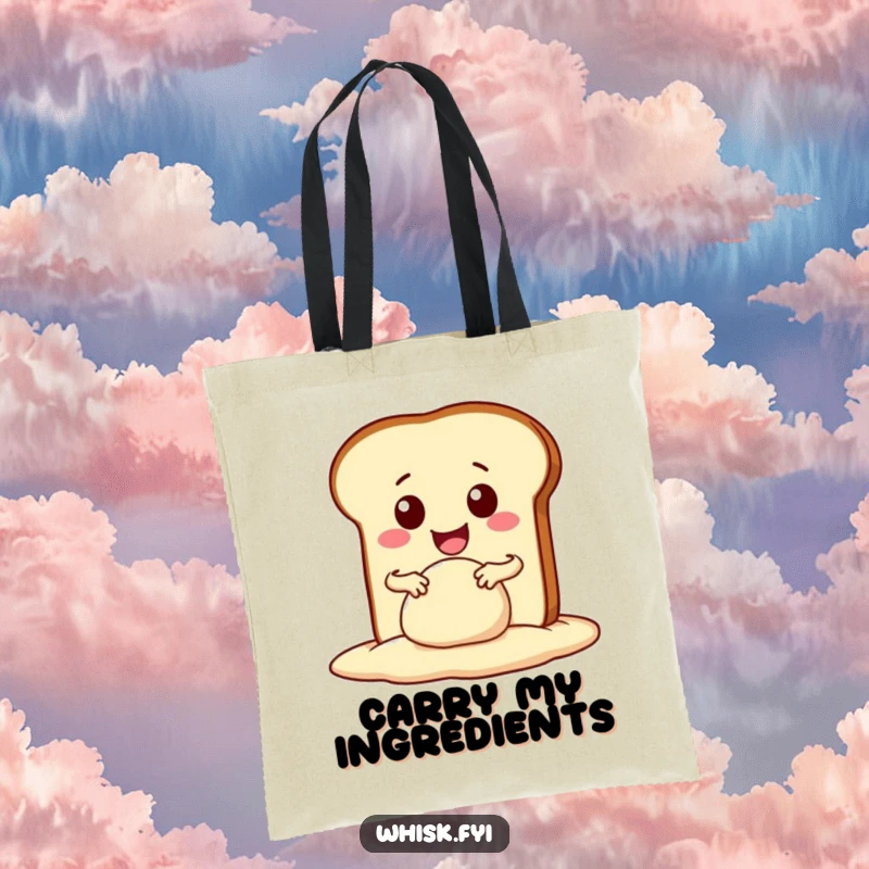 Funny kawaii bread slice enthusiastically kneading dough with a wide smile, on a reusable tote bag. A humorous and functional accessory.