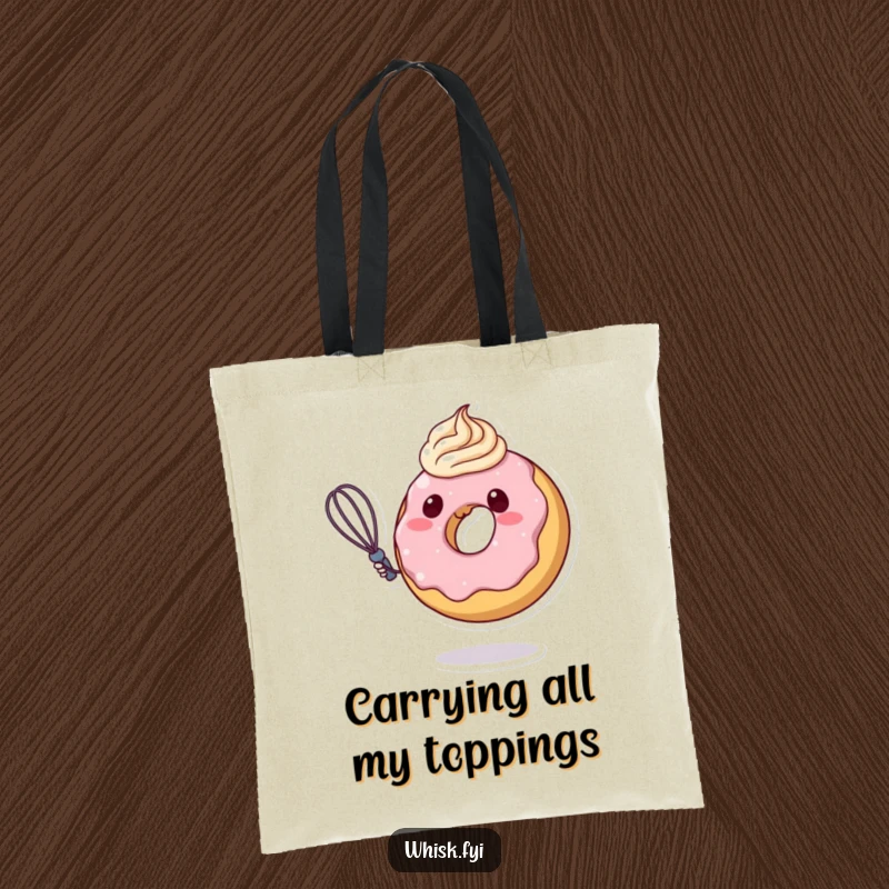 Funny donut character diligently swirling fluffy frosting with a whisk, printed on a tote bag, perfect for carrying treats and smiles.