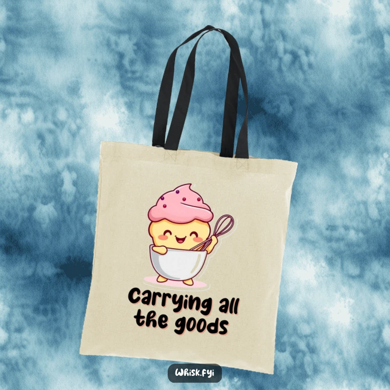 Funny Kawaii muffin character happily whisking in a bowl, printed on a durable and stylish tote bag.