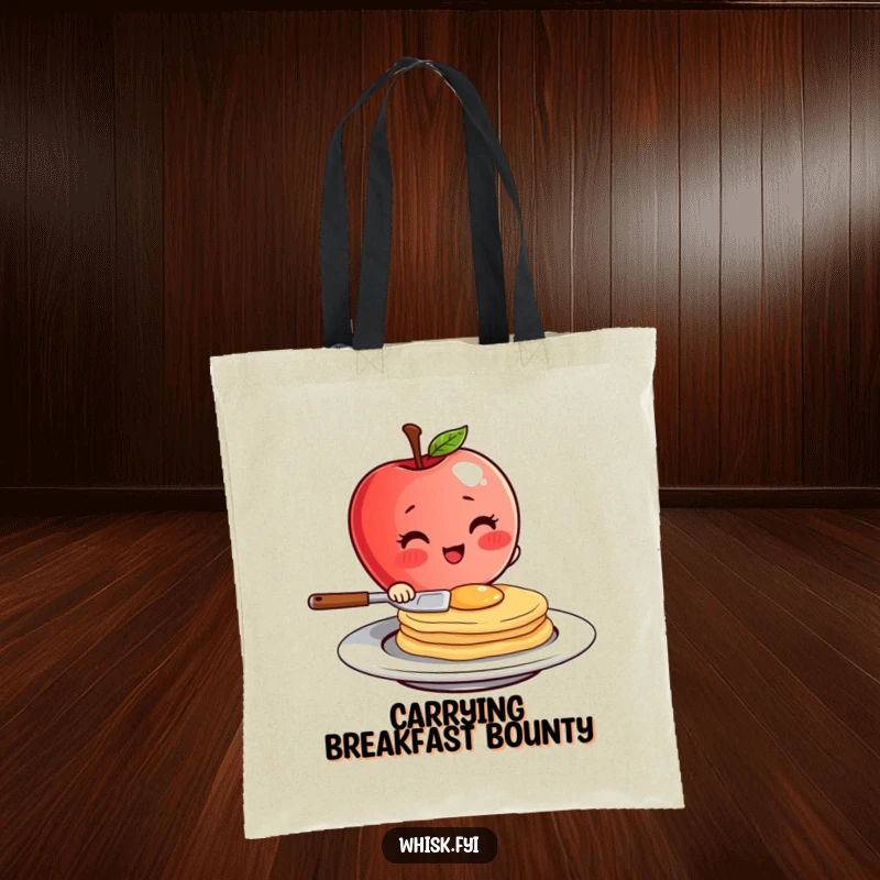 Funny blushing red apple character flipping a pancake with flair on a tote bag, a practical and humorous breakfast accessory.
