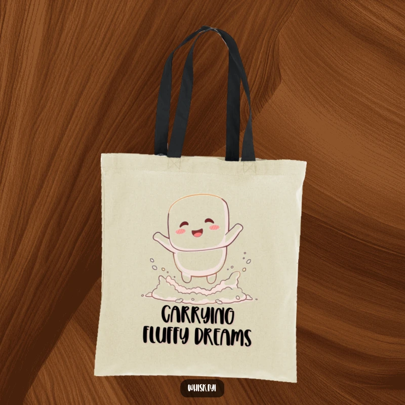 Funny giggling white marshmallow jumping into a flour cloud on a tote bag, a practical and humorous baking accessory.