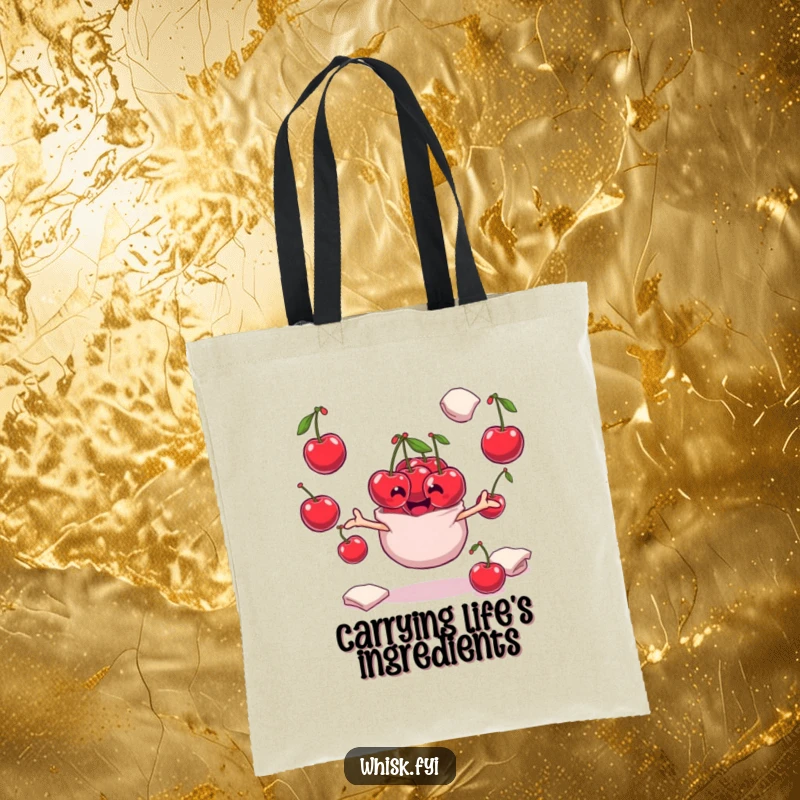 Funny playful bunch of cherries character juggling flour sacks on a durable tote bag, ready for any task.