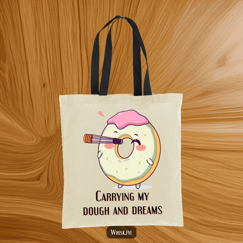 Funny donut character balancing a whisk on its nose, printed on a sturdy tote bag. Ideal for grocery shopping or carrying baking supplies with humor.