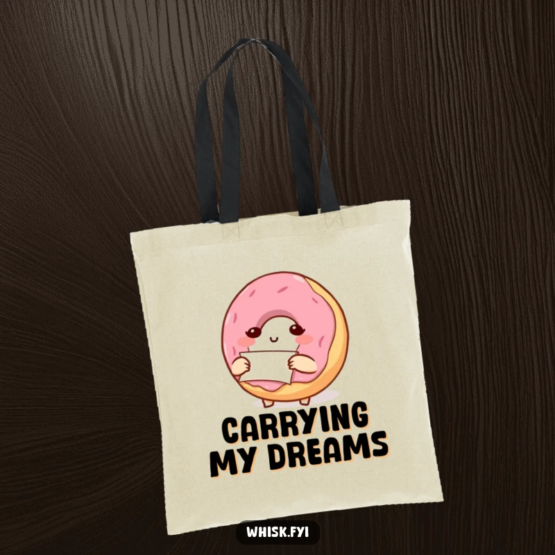 Funny tote bag featuring a determined, small donut character carefully folding a small piece of parchment paper, a practical baking accessory.