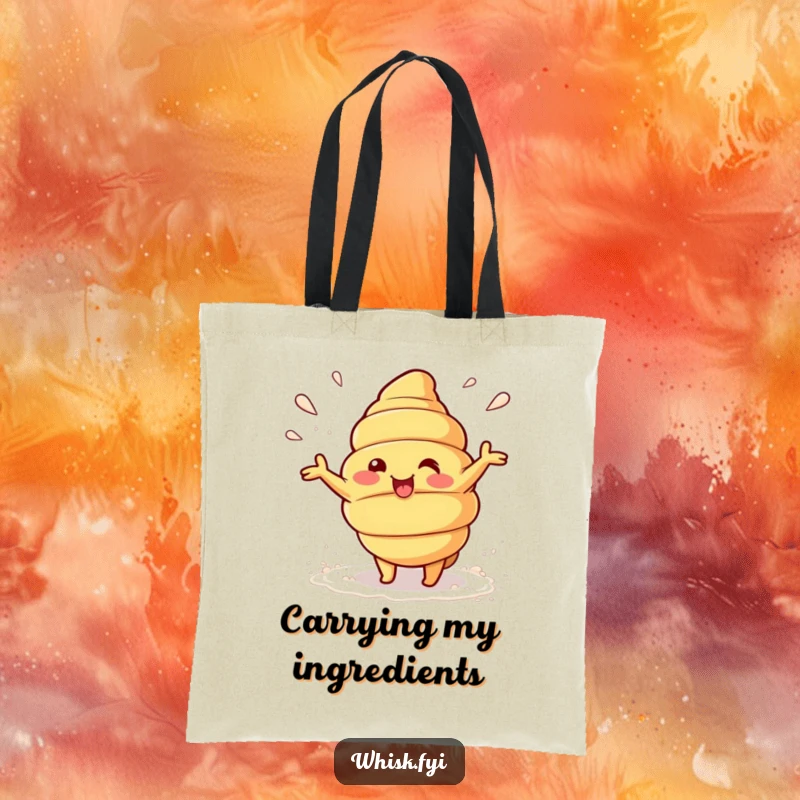 Funny Kawaii croissant character beaming and playfully tossing flour on a tote bag, ready for baking tasks.