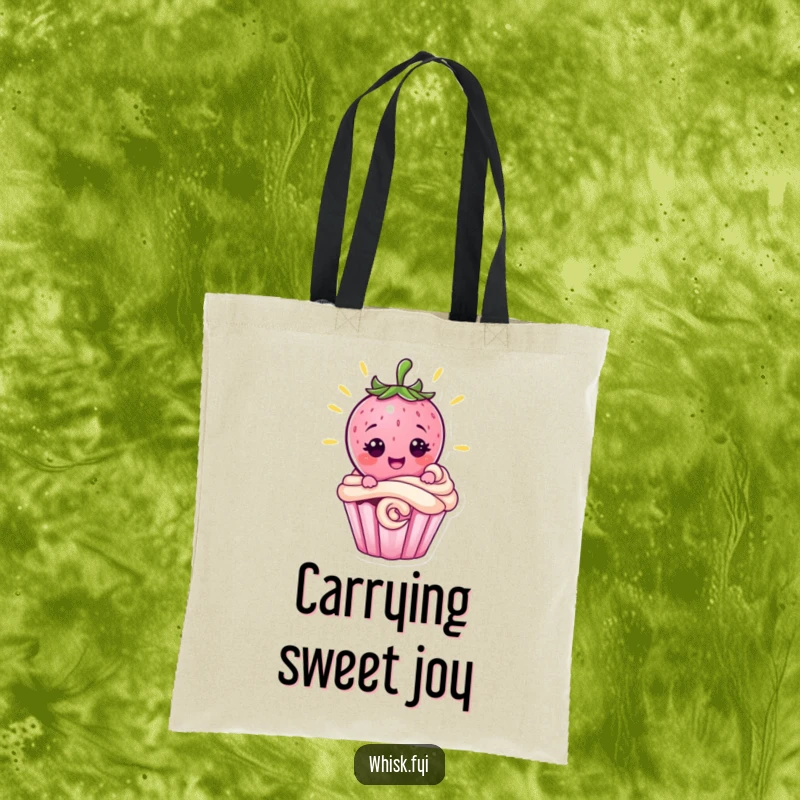 Funny strawberry character with a proud grin decorating a cupcake, on a tote bag, perfect for carrying baking supplies with humor.