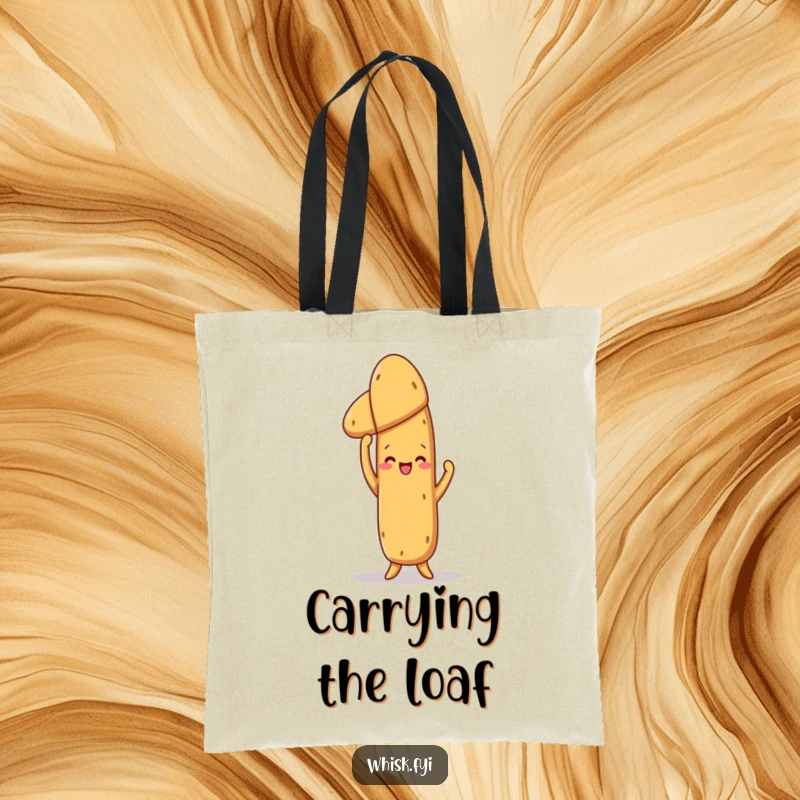 Funny Baguette Tote Bag: A proud baguette holding up a loaf, perfect for carrying baked goods with a humorous, celebratory flair.