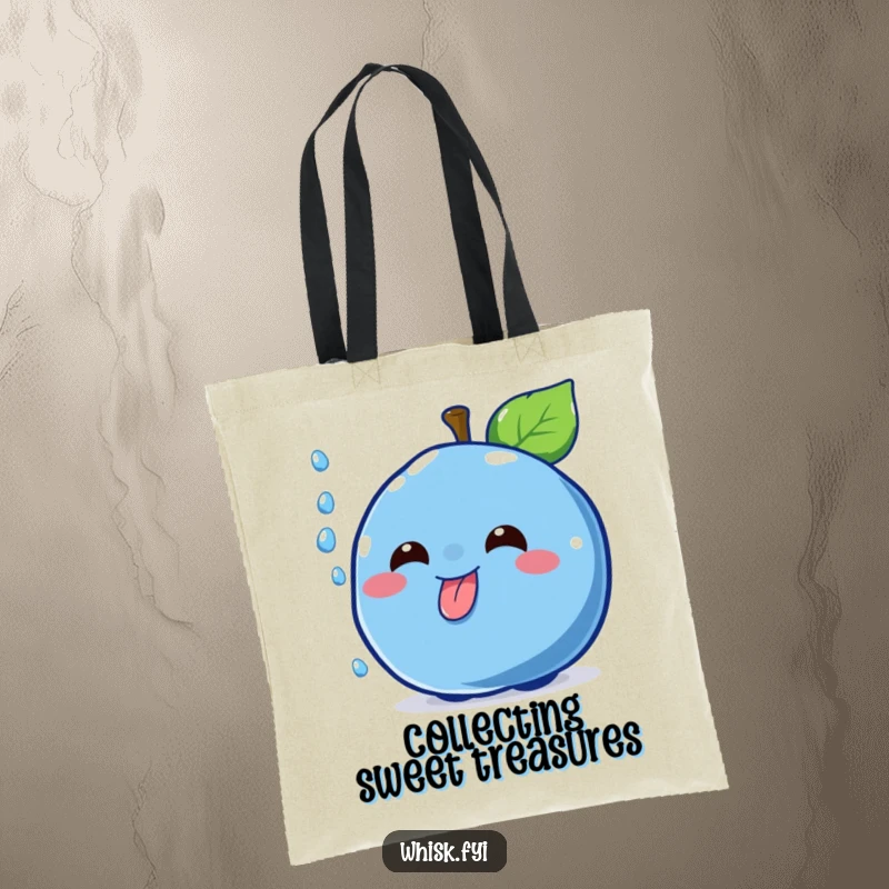 Funny cheerful blue blueberry character catching a sprinkle on a tote bag, a practical and humorous dessert accessory.