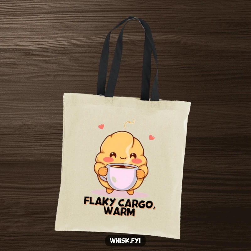 Funny tote bag showcasing a blushing croissant character offering a steaming coffee cup, blending style and humor for an everyday accessory.