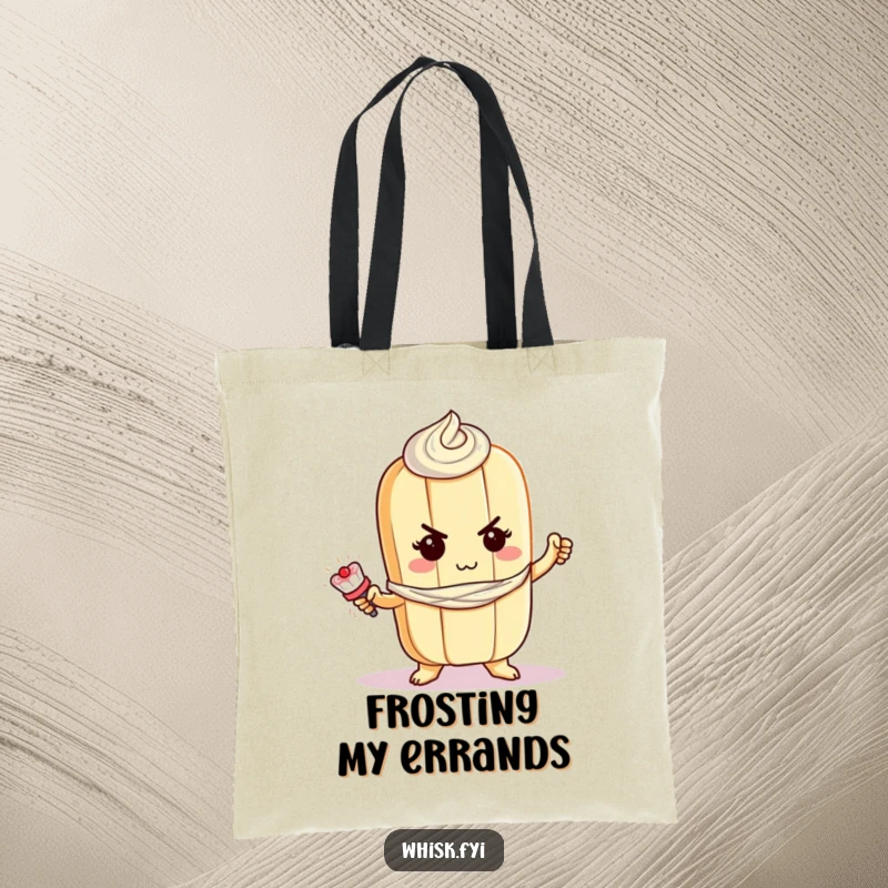 Funny baguette tote bag with a determined baguette character bravely piping frosting, perfect for grocery shopping.