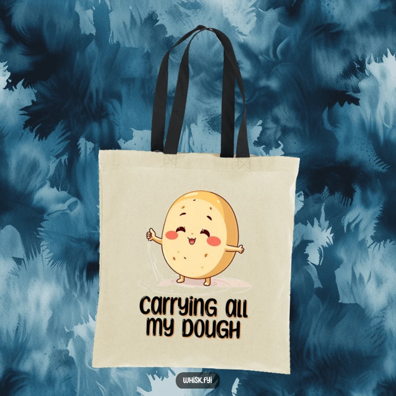 Funny bread tote bag with a cheerful character energetically dusting a surface with flour, ready for baking.