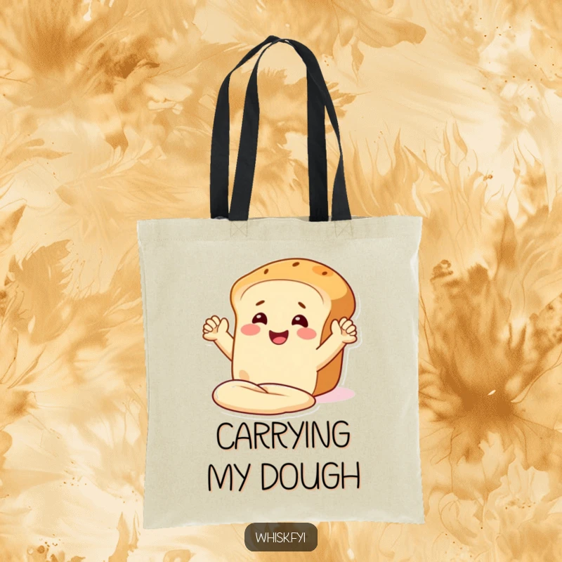Funny tote bag depicting a happy bread loaf with arms, smiling and kneading dough, ideal for grocery shopping.