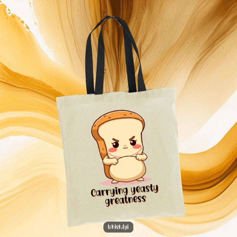 Funny determined brown bread loaf character kneading dough with gusto on a tote bag, a practical baking humor accessory.